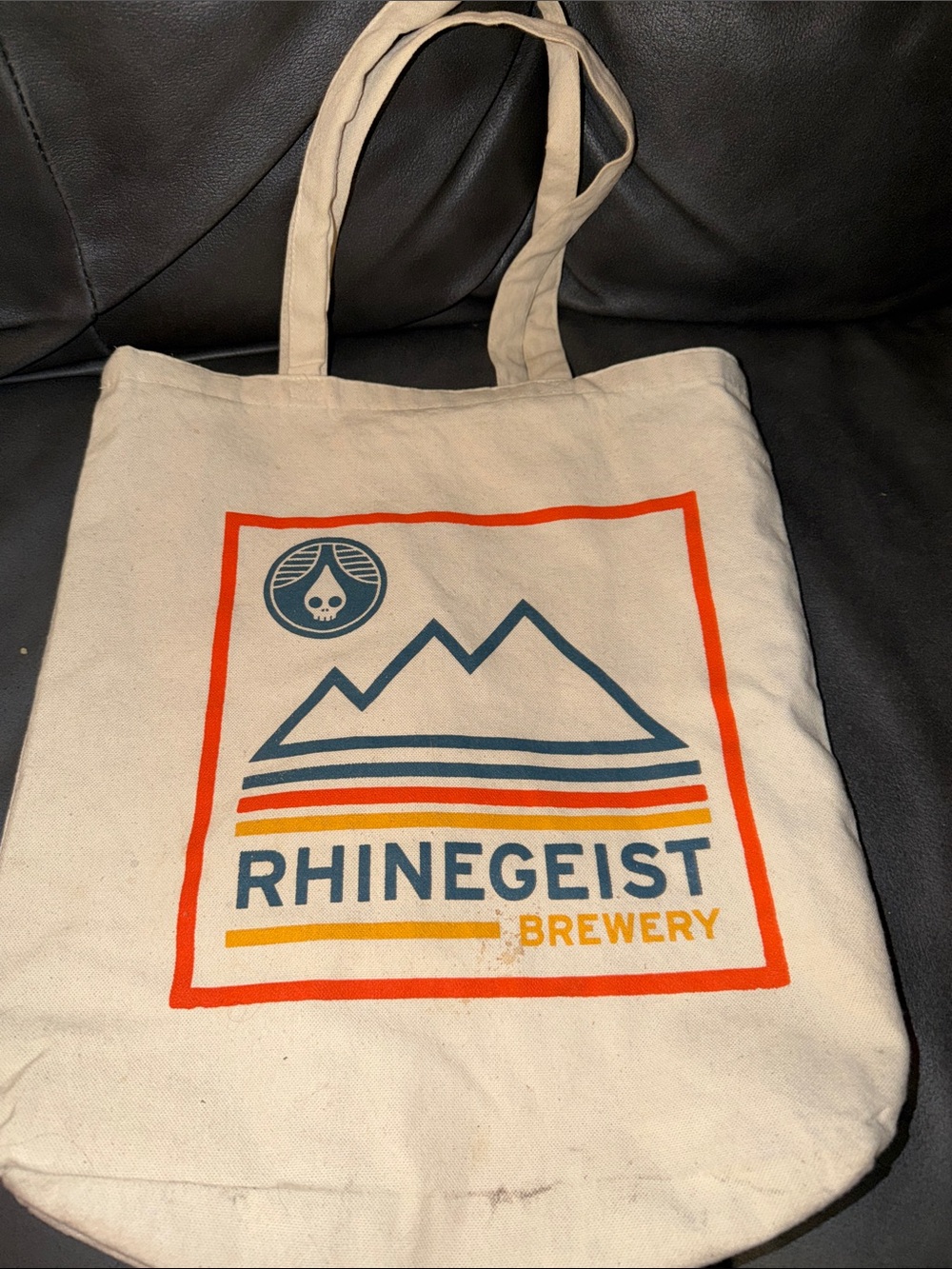 Rhineghist brewery Cinci Ohio Logo Canvas Tote Bag - Cream with Orange & Blue